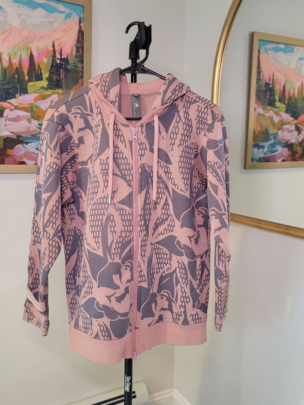 ADIDAS by STELLA MCCARTNEY Graphic Print Zip Up Hoodie Pink XS Tiny Stain